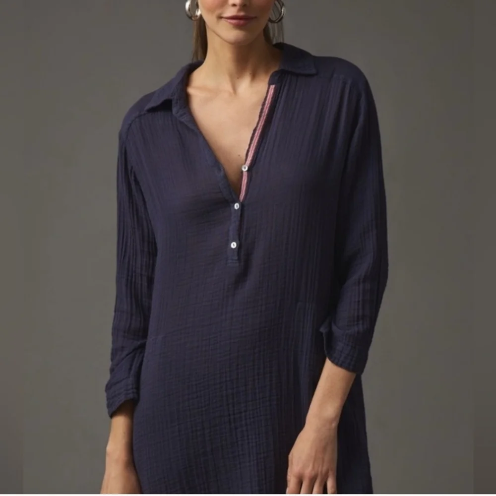 Sundry NWT Navy Blue Cotton Gauzy Navy Shirt Dress With Pockets. XL - Picture 3 of 10